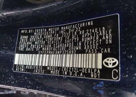 2022 Toyota Corolla Le z USA, uszkodzony, nr VIN 5YFEPMAE9NP325892